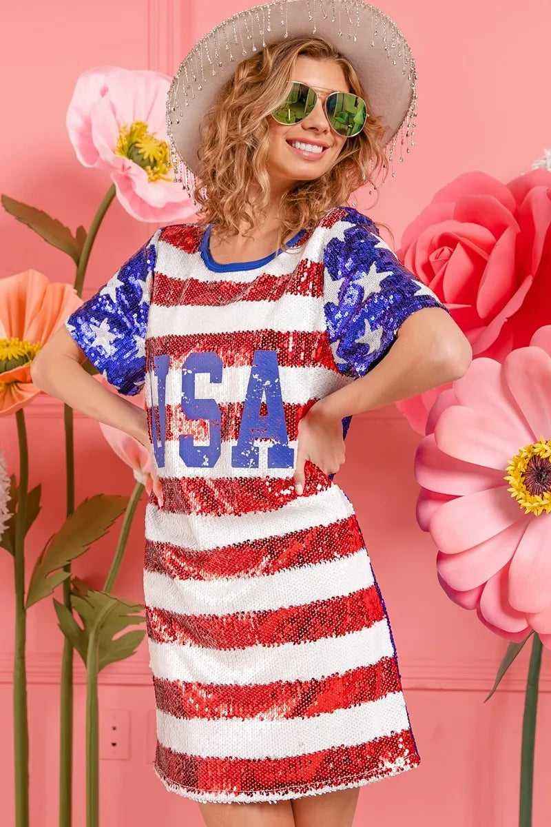 USA Flag Sequin Dress - Patriotic Sparkle for July 4th
