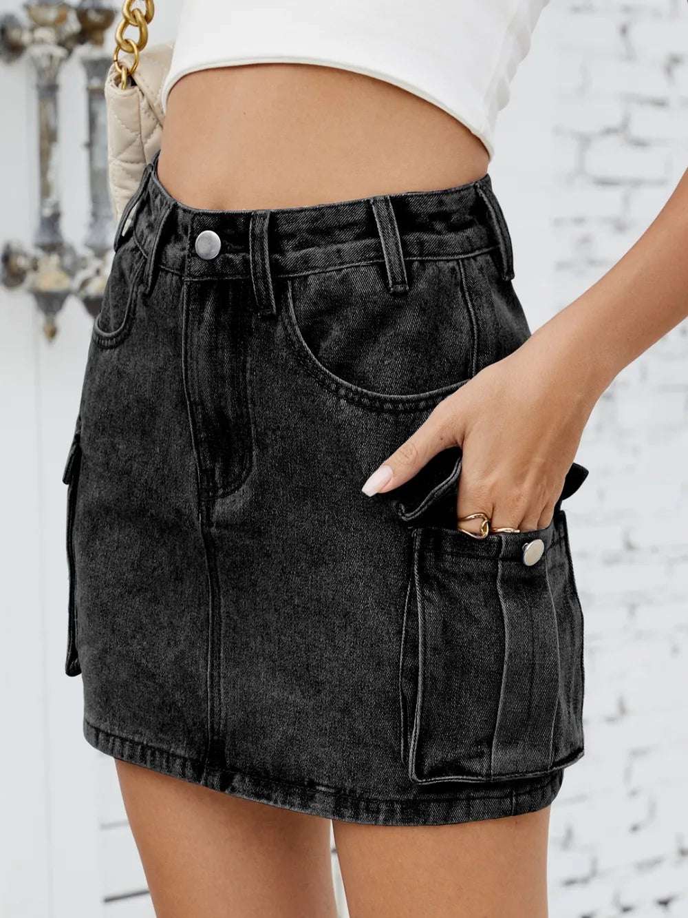 Teen girl wearing cargo denim skirt styled for casual school outfit

