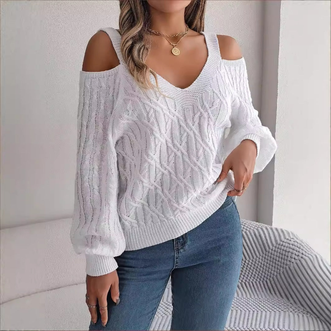 Model Poses in Solid Color Off-Shoulder Lantern Sleeve Sweater: Autumn 2025 Must-Have 