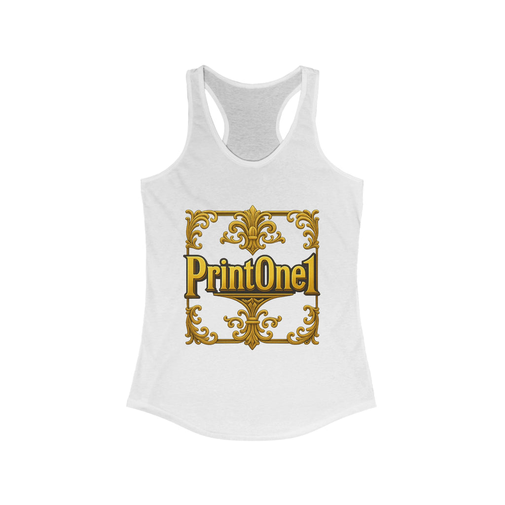 Model in white women's racerback tank top with baroque gold PrintOne1 logo, paired with denim shorts.

