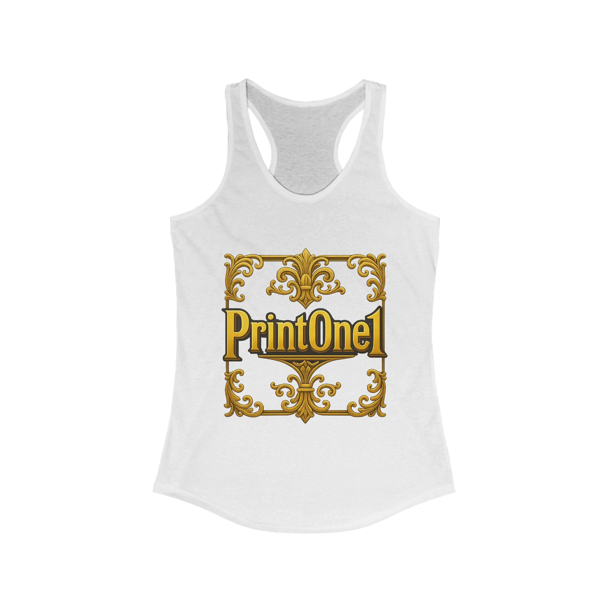 Model in white women's racerback tank top with baroque gold PrintOne1 logo, paired with denim shorts.

