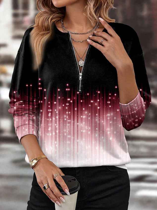 Striped Half Zipper Top for Women  Casual Loose Pullover