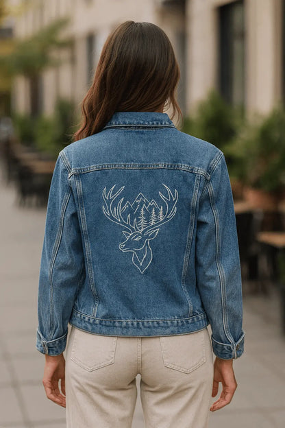 Model pairing Women’s Denim Jacket with floral dress

