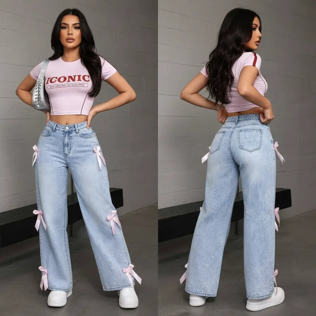 Bowknot Collage Washed Women's Jeans Loose Straight