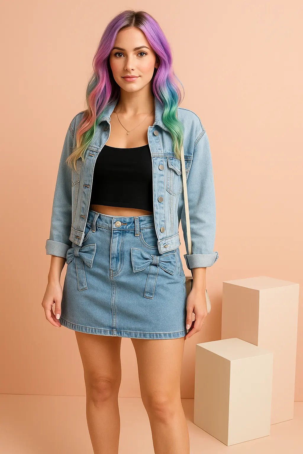 Rainbow-haired woman in denim outfit posing in minimalist studio setting
