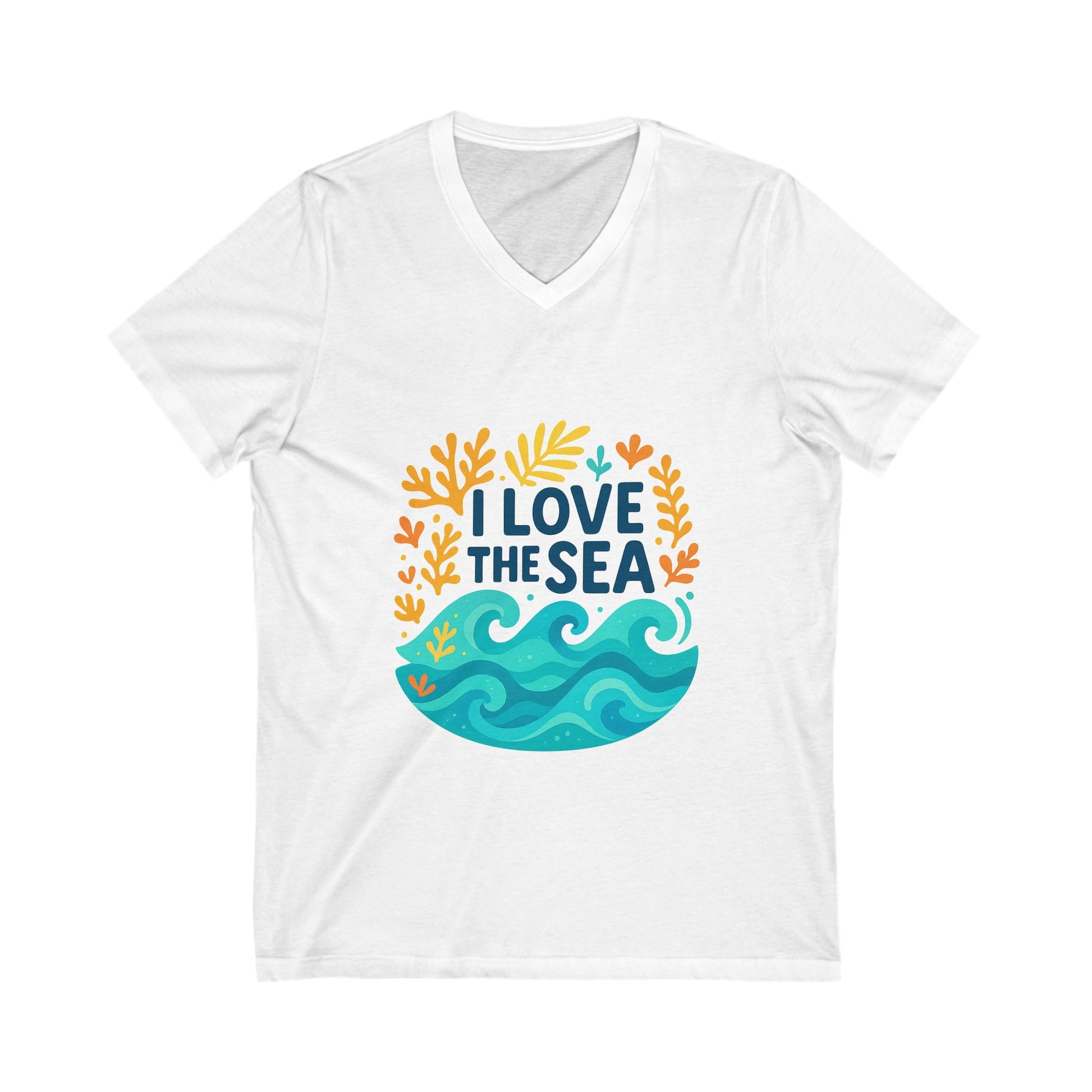 Model wearing ocean-themed V-neck tee in relaxed beach setting, ideal for casual summer wear

