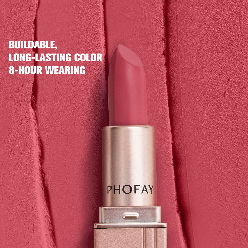 Model wearing our bold red Phofay Matte Lipstick, a timeless choice for any occasion, proving its impressive waterproof and long-lasting power.

