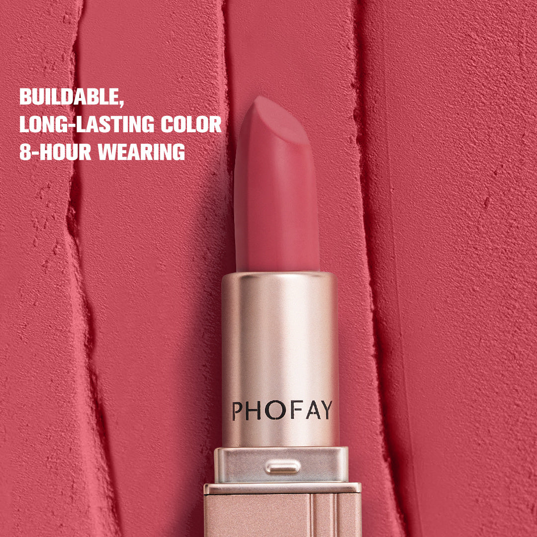 Model wearing our bold red Phofay Matte Lipstick, a timeless choice for any occasion, proving its impressive waterproof and long-lasting power.

