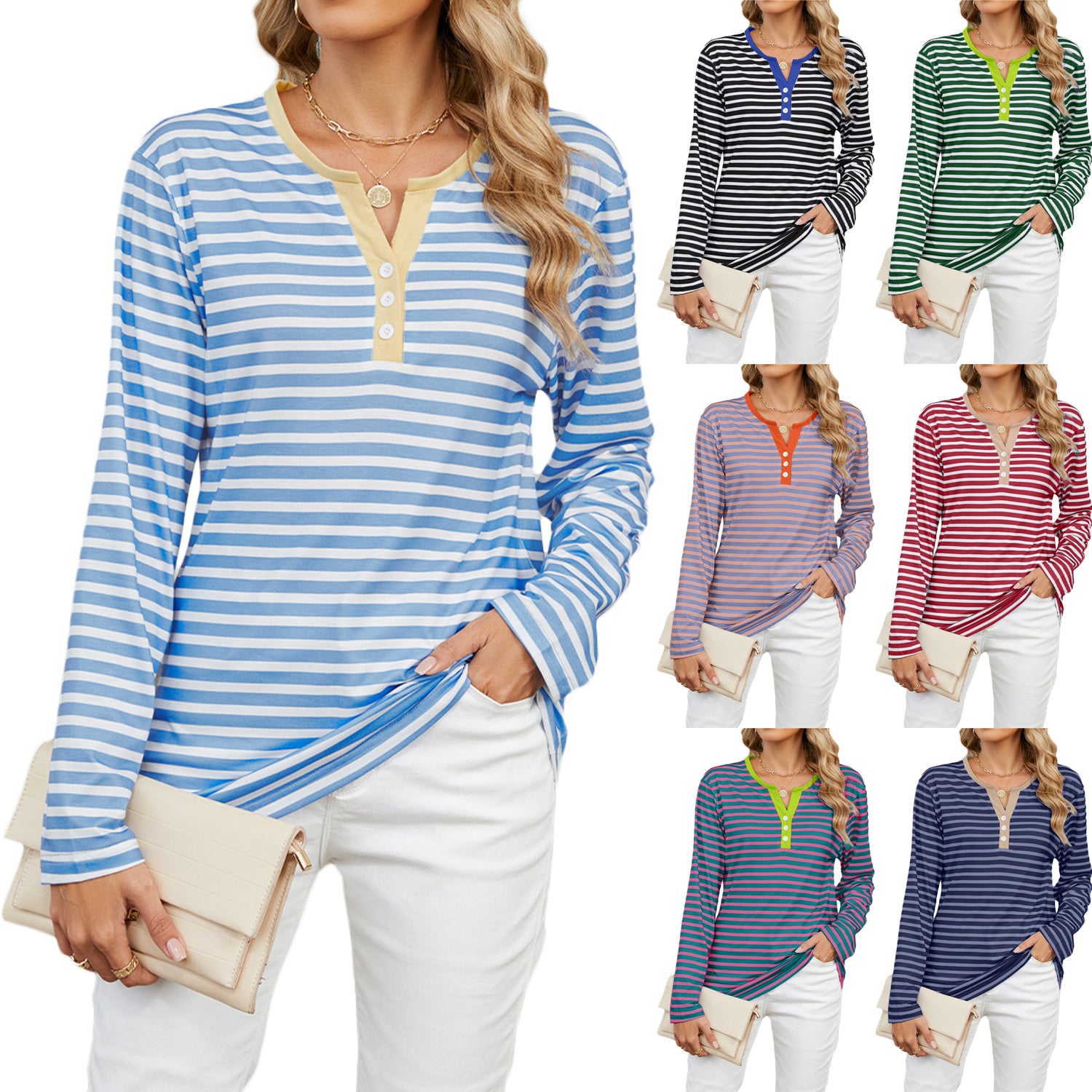 Model wearing the black and white Striped V-neck T-shirt, showcasing its relaxed, loose fit for everyday comfort and style.

