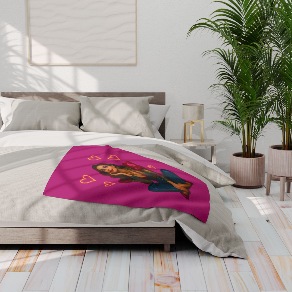 Modern bedroom accented by Arctic Fleece Blanket splash of color


