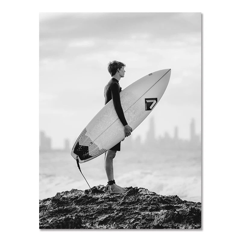 Monochrome Seaside Surf Scene – Nordic Modern Style Canvas Print

