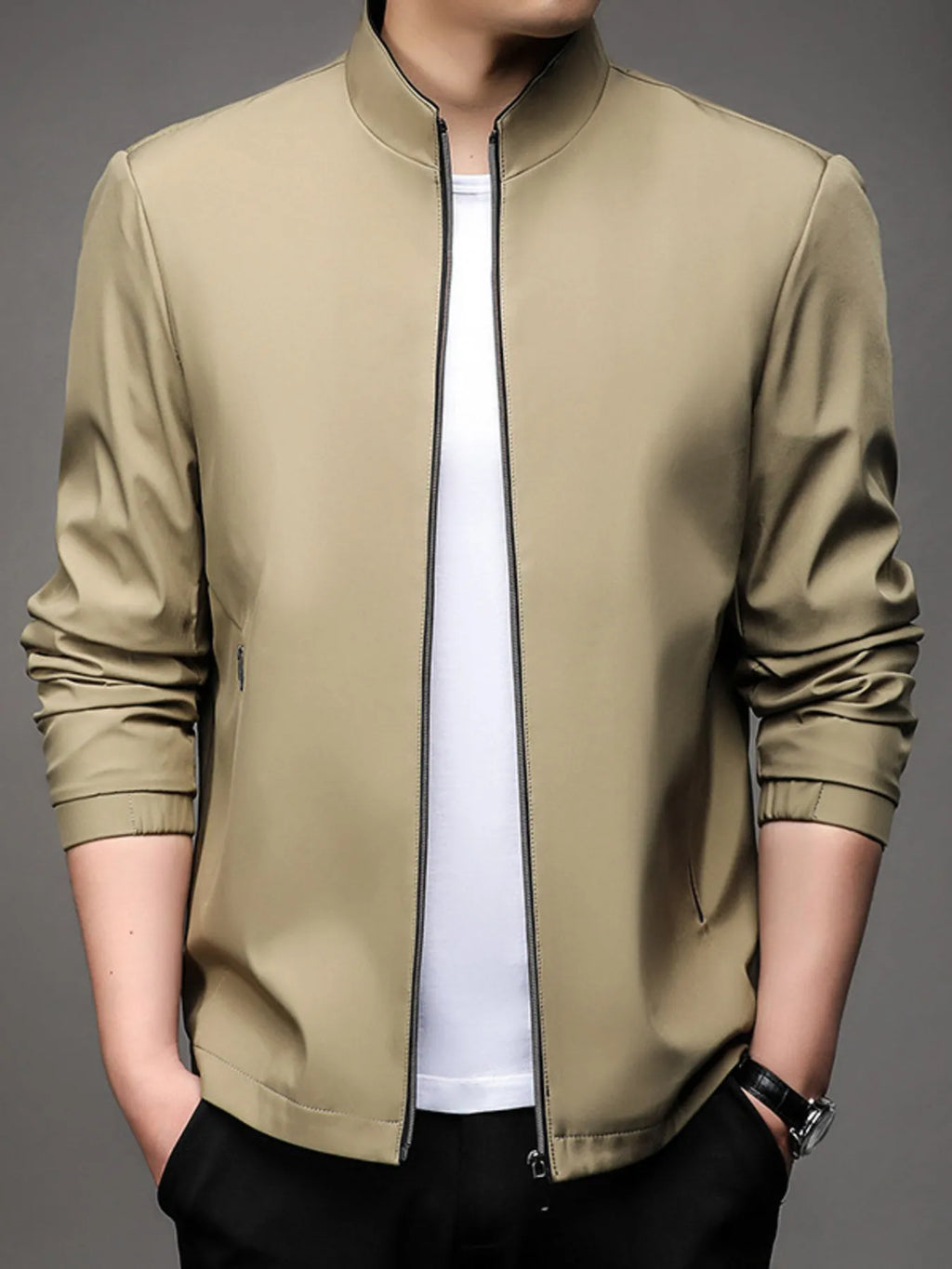 Morning Coffee Run in a Lightweight Polyester Zipper Jacket

