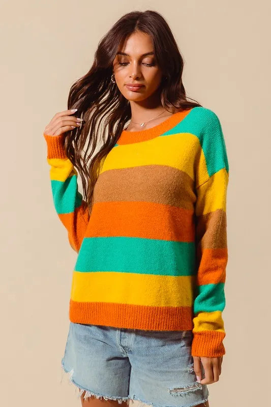 Multi color stripe sweater with jeans – everyday casual outfit idea