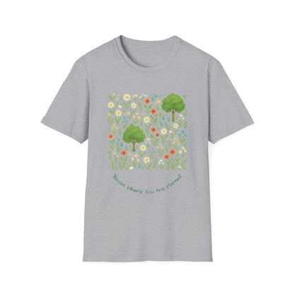 Grey unisex t-shirt with floral and tree print