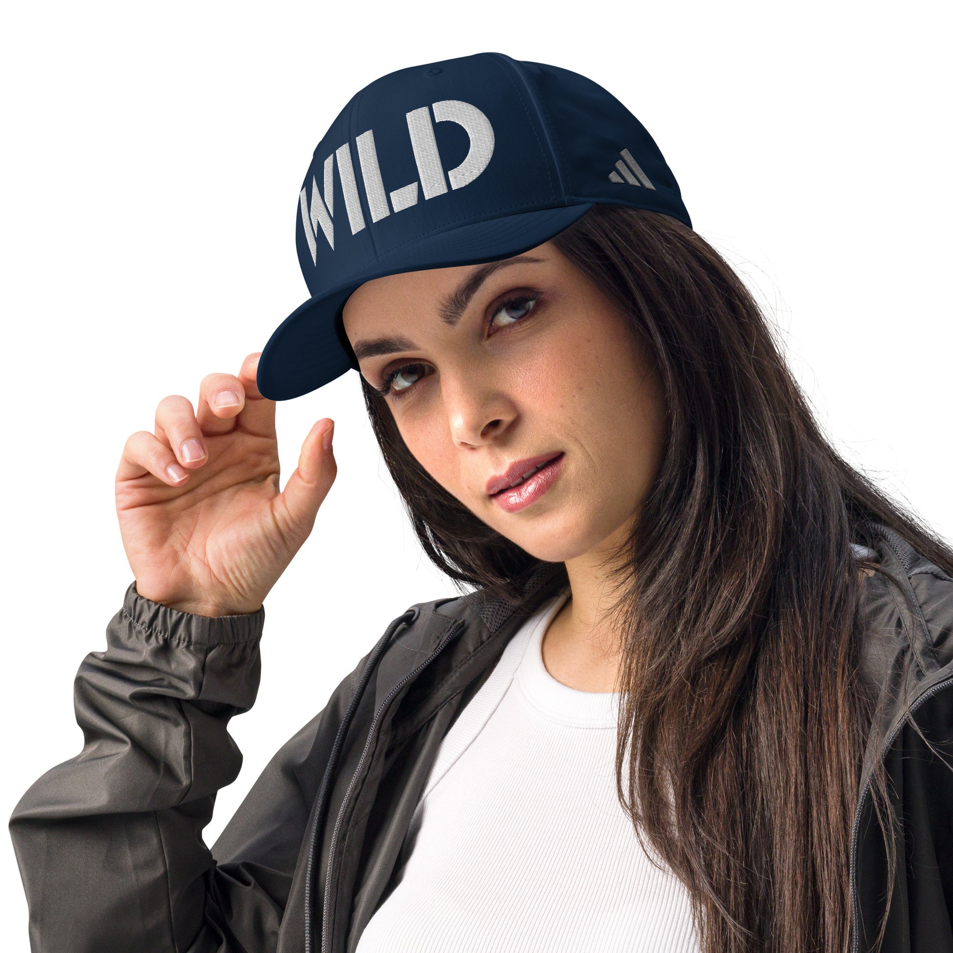 Navy color variant of the cap highlights the matching navy snapback closure.

