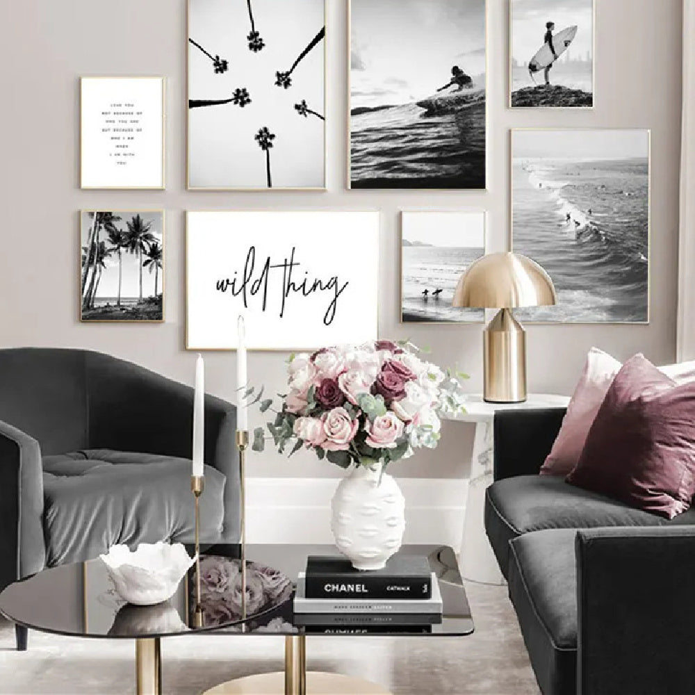 Nordic Black and White Seaside Surf Poster on Canvas – Frameless Modern Decor

