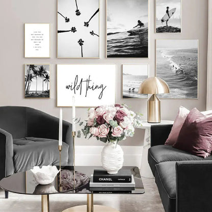 Nordic Black and White Seaside Surf Poster on Canvas – Frameless Modern Decor

