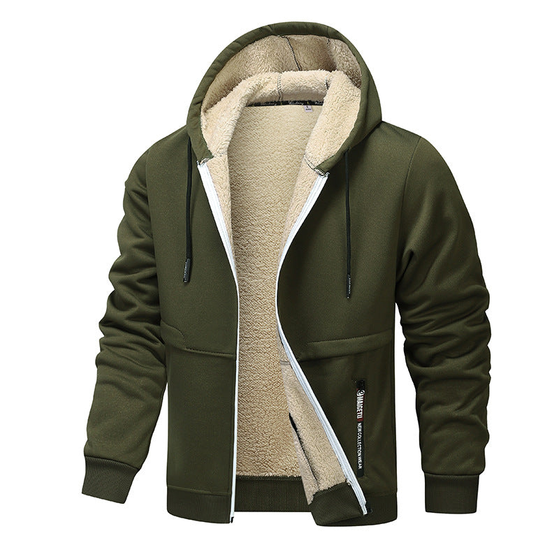 Long sleeve hooded cardigan for men with fleece-lined thickness and zip decoration in a product view online style view daily.