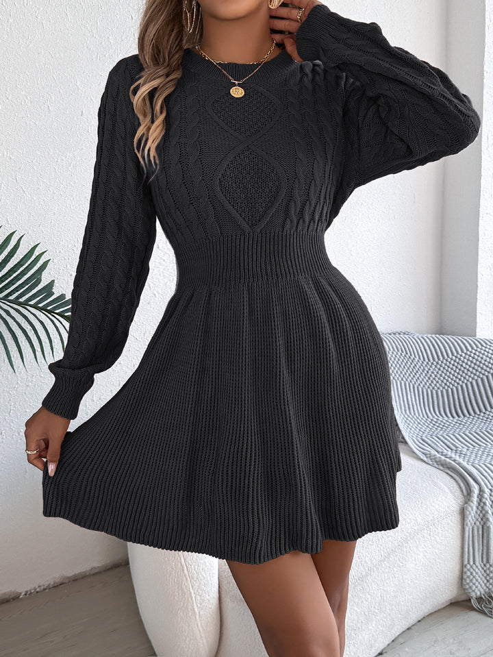 Long Sleeve Sweater Dress with Twist Waist A-Line Shape