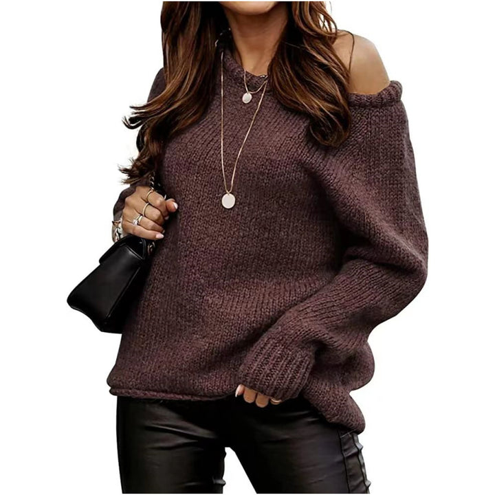 Coffee long sleeve knit sweater shown on a model, with original visual details, shown in the original supplier image gallery.