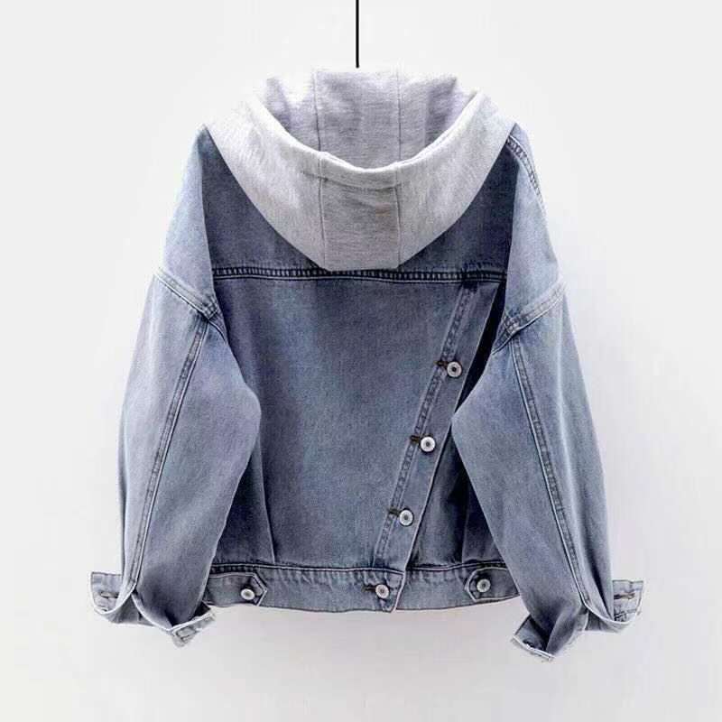 Supplier rear reference photo linked to the hooded style, showing a grey hood, diagonal rear buttons, long sleeves, hem tabs.