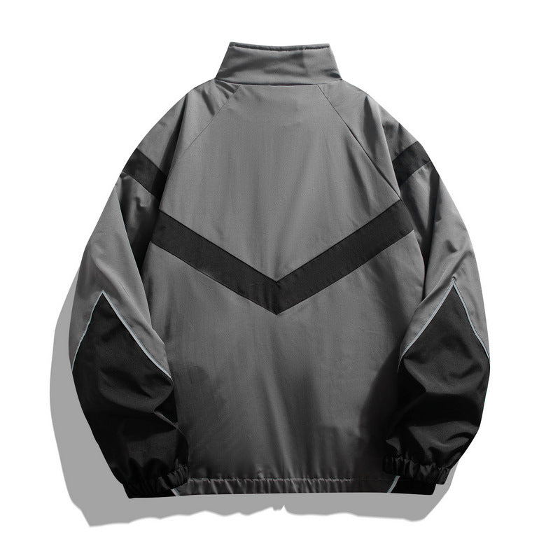 Gray and black style 6618 jacket full back with a V-shaped panel, stand collar, gathered cuffs and hem on a white background.