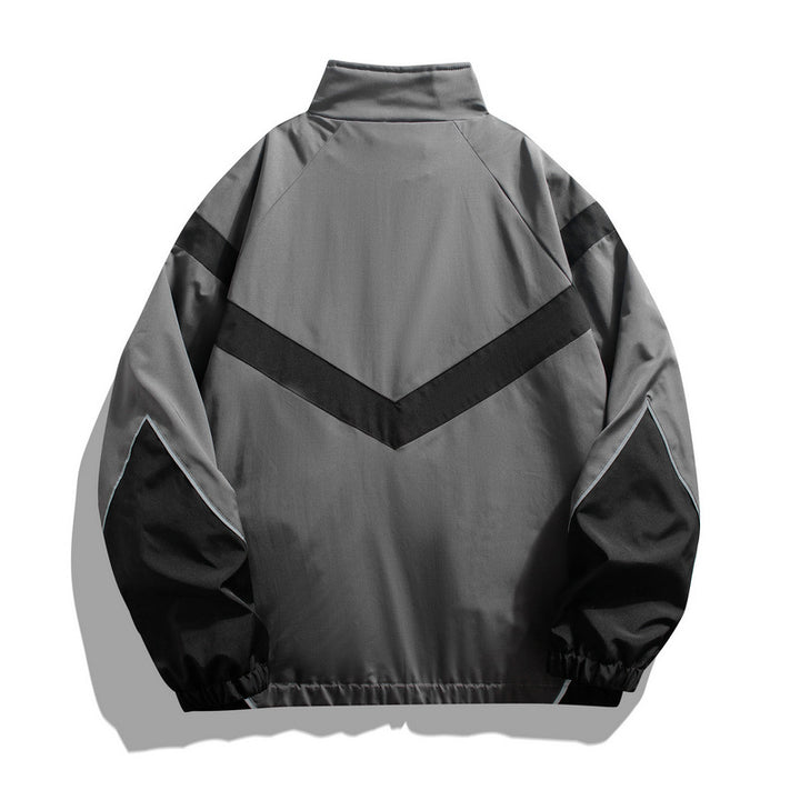Gray and black style 6618 jacket full back with a V-shaped panel, stand collar, gathered cuffs and hem on a white background.