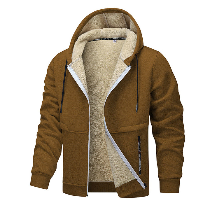Polyester hooded cardigan for men with long sleeves and zipper front shown in a clear product image online style detail view.