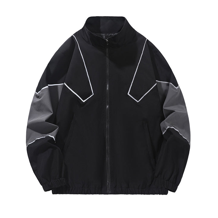 Black and gray style 6657 jacket full front with angular piping, stand collar, zip front and gathered cuffs and hem on white.
