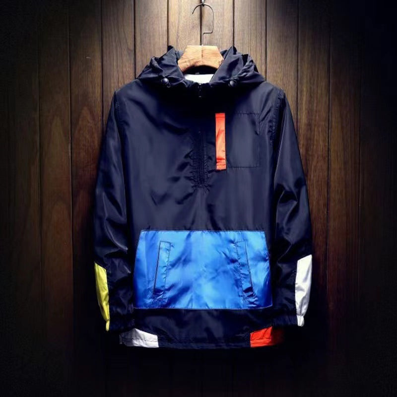 Navy color block half zip jacket shown on a hanger, with original visual details, retained from the original product gallery.