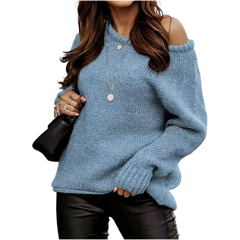 Azure blue long sleeve knit sweater shown on a model, with visible source details, preserved in the original product gallery.