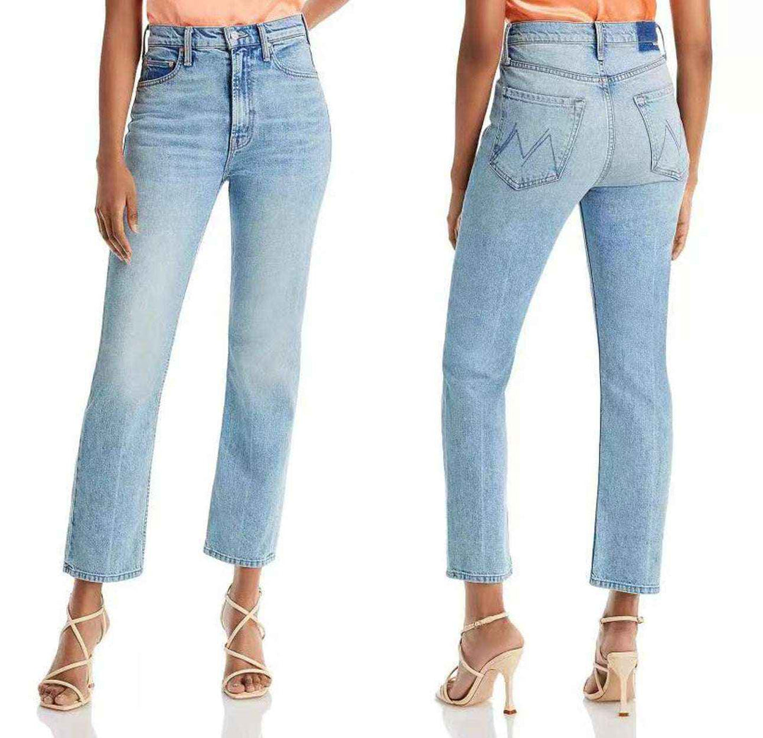 High-Waist Embroidered Cropped Denim Pants – Light Blue