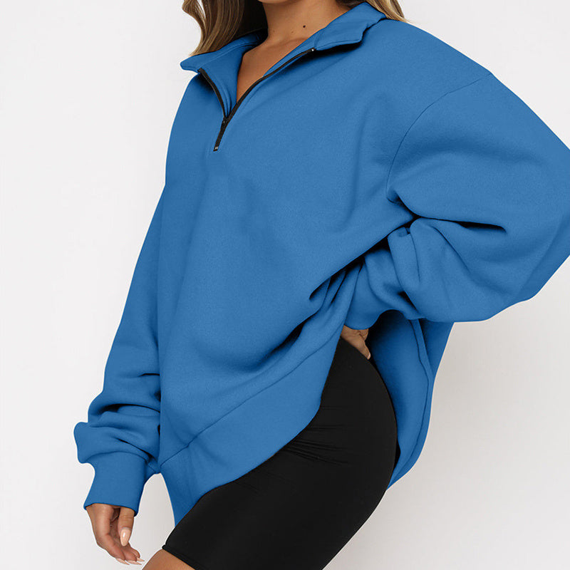 Gray zip collar sweatshirt for women, wrinkle-resistant finish and medium-length cut

