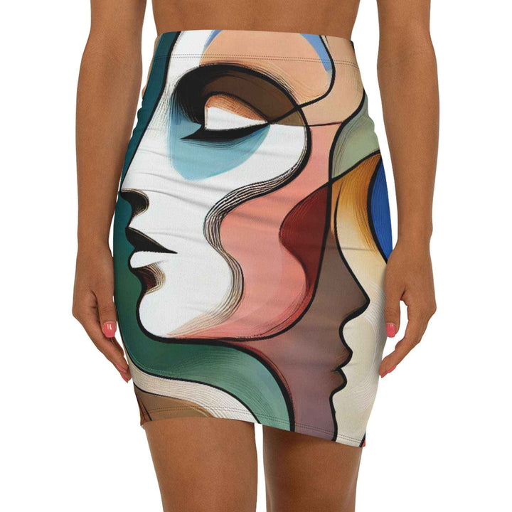 modern women skirt abstract face print mid waist silhouette
