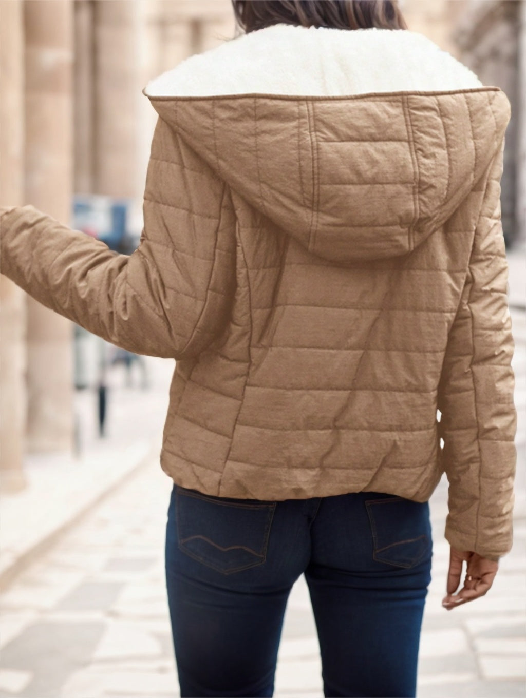 Office-to-out: women’s padded coat layered over knitwear