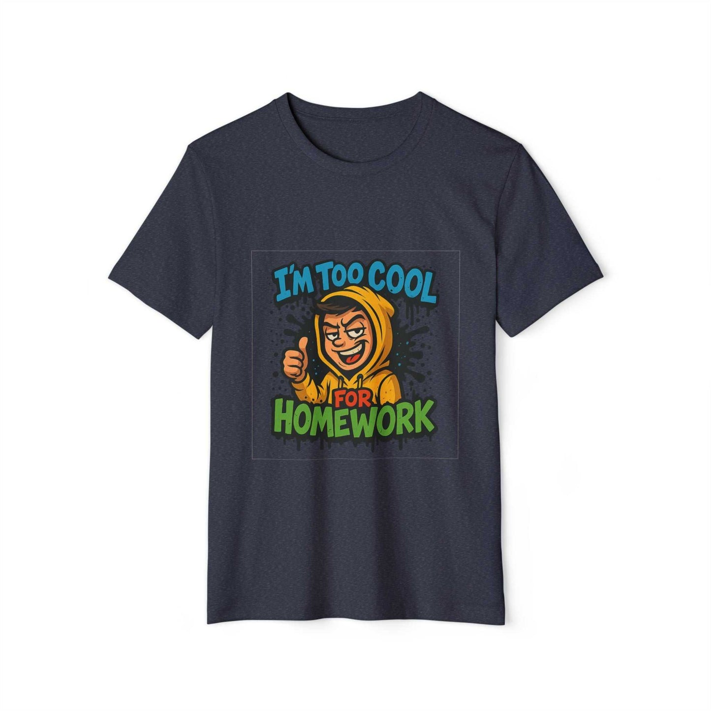 Navy tee with I'm too cool for homework print