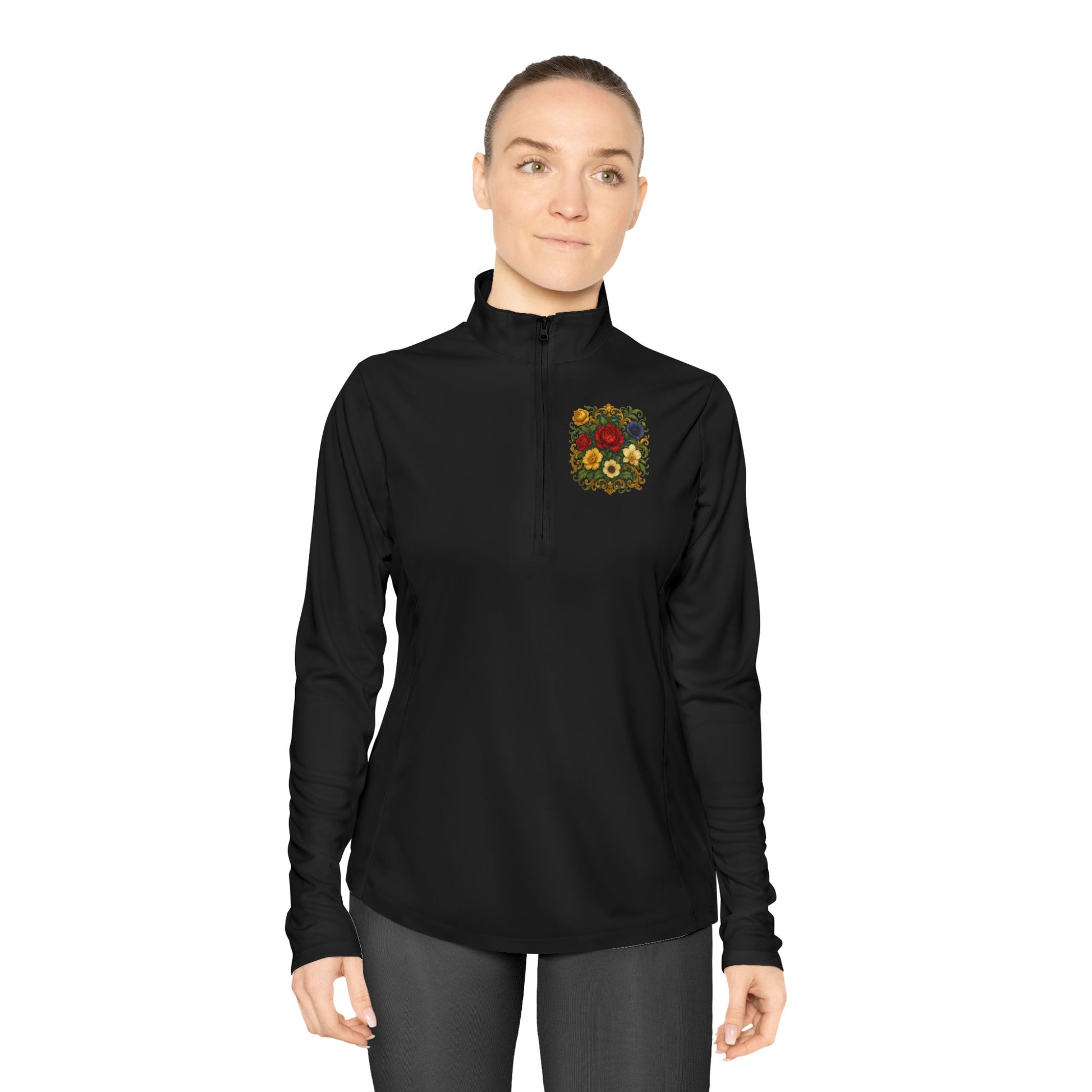 Outdoor cozy: Floral Ladies Quarter-Zip Pullover – breathable feel, easy zip