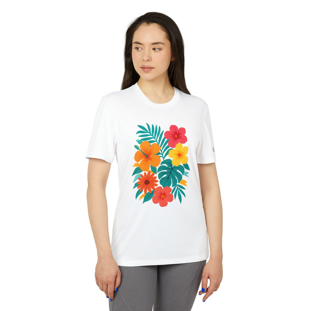 Outdoor trail run in the Tropical Floral Sport T-shirt with UPF 50+ sun protection.

