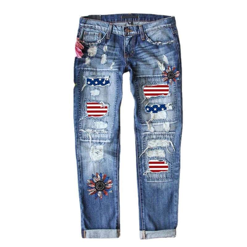 Display of sizes S to 5XL in flag denim ripped trousers

