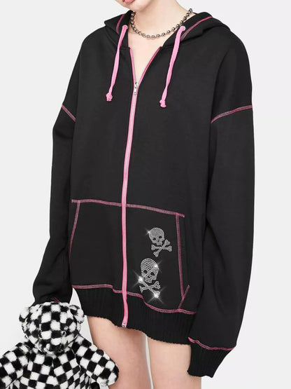 Overhead image of Women's Halloween Zip-Up Drawstring Hoodie laid flat, revealing top length and imported quality for seasonal versatility.