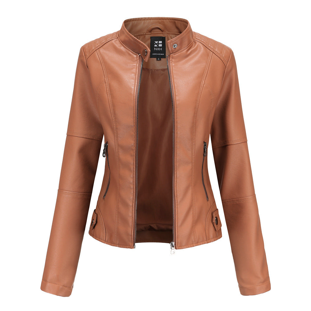 PU leather jacket for women in coffee color with casual fit and high collar design

