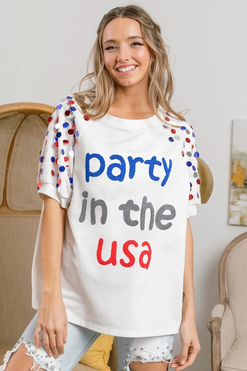 Party In The USA Top – close-up of spangle texture and refined neckline