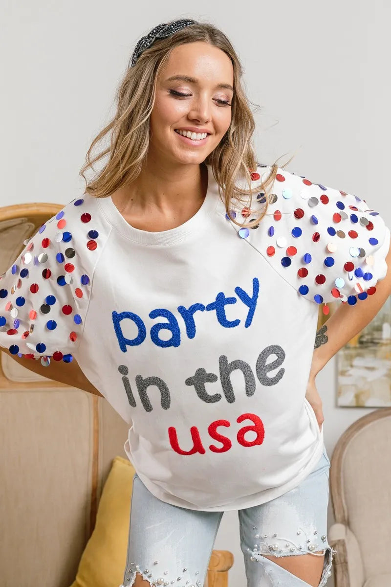 Party In The USA Top – detail of stitching, cuff, and spangle shimmer