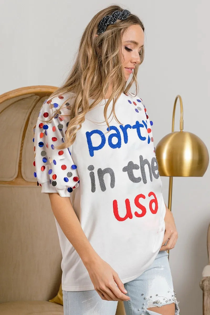 Party In The USA Top – side profile highlighting puff sleeve volume