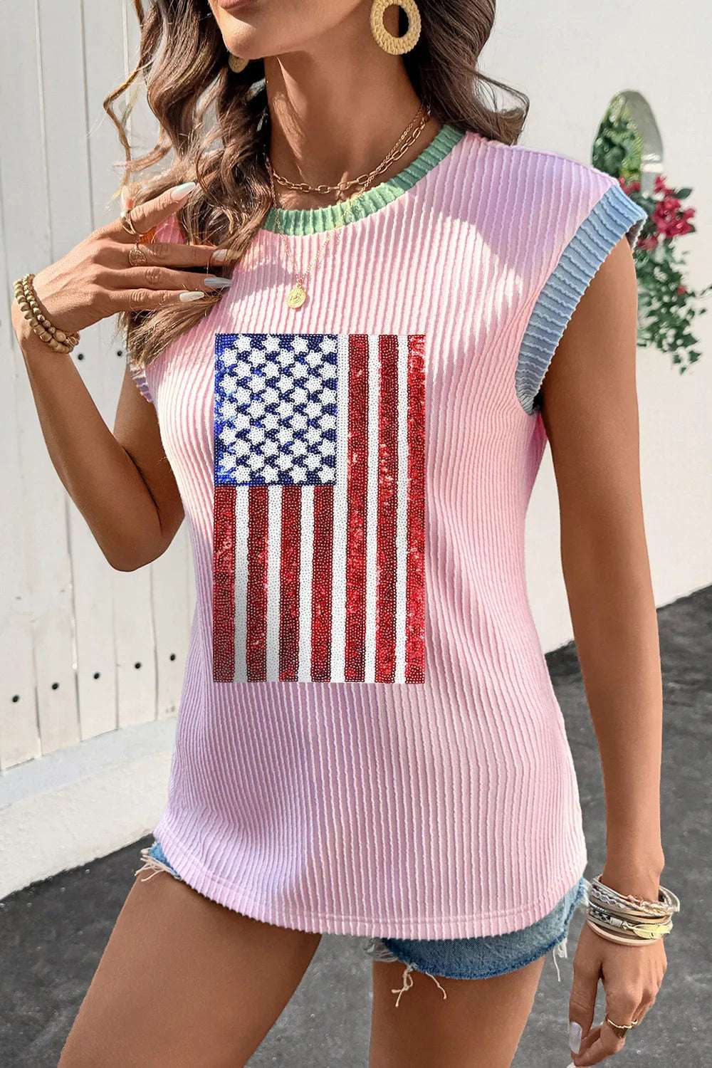 Stylish women’s Fourth of July T-shirt with sequins and colorblock neckline

