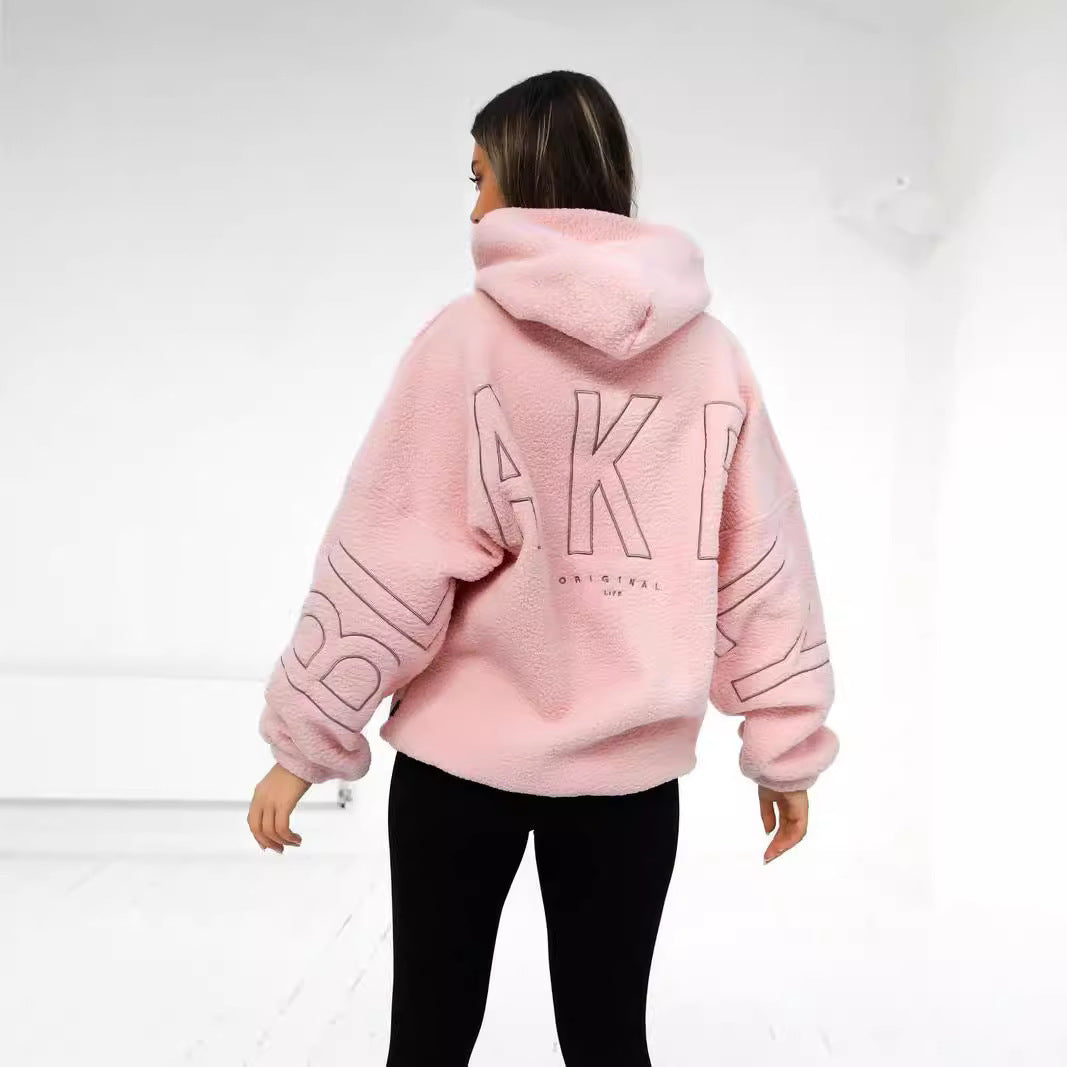 Pink Embroidered Lamb Fleece Pullover Coat – Pocketed Comfort for Her

