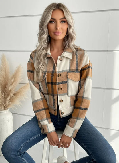 Plaid Crop Jacket on Hanger – Vibrant Pattern and Slim Fit Profile 