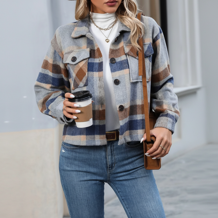 Chaqueta Cropped Mujer Oversize de Cuadros con Botones