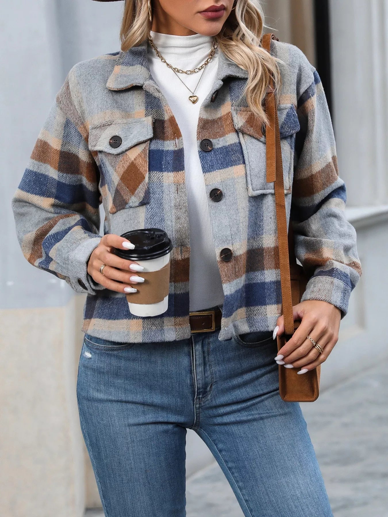 Plaid Oversized Button-Up Cropped Jacket – Close-up buttons