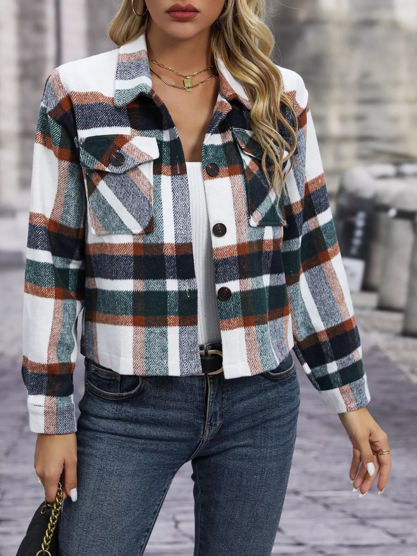 Plaid Oversized Button-Up Cropped Jacket – Detail of plaid texture and clean cropped hem